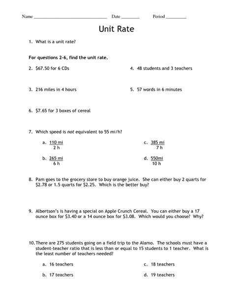 unit rate worksheet 6th grade